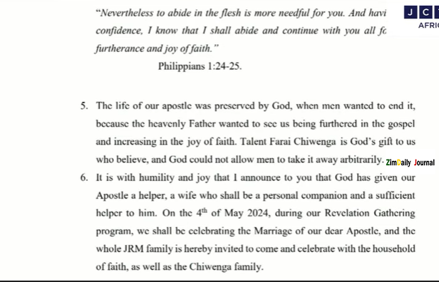 Chiwenga announces new wife